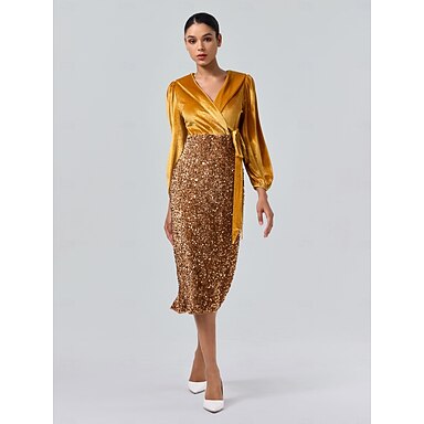 Women's Midi Dress Sequin Velvet Long Sleeve Tie Front Vacation Casual  Summer Spring Fall 2026 - $71.99