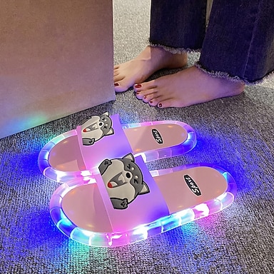 Lichtgevende slippers voor dames en heren, binnenslippers, huisschoenen, pantoffels met memory foam, pluizig, schattige open teenslippers, antislip, platform slippers voor buiten, roze en wit (vermijd