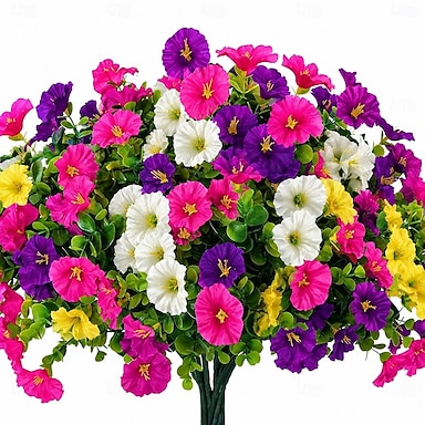 cheap 8 Bundles Artificial Flowers for Outdoors, Fake Plastic Morning Glory Petunias Plant, Faux Colorful Silk for Outside Planter Garden Front Porch Door Spring Summer Decor