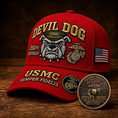 baratos Boné comemorativo do 250º aniversário do Corpo de Fuzileiros Navais dos EUA, modelo Devil Dog. &amp;Conjunto de moedas, boné de beisebol vermelho bordado com emblema da USMC Semper Fidelis (águia, globo e