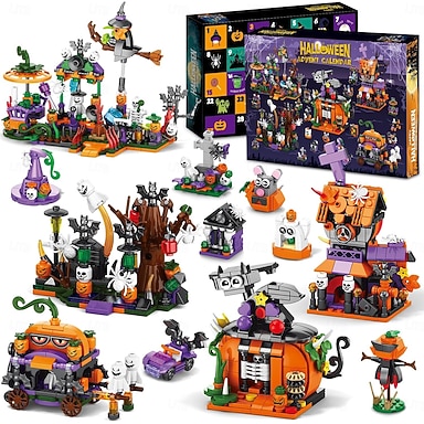 cheap Halloween Advent Calendar Building Block Set, Halloween Countdown Calendar with Mini Building Toys, Pumpkin Ghost Skeleton Witch Figures, DIY Construction Gift for Kids Boys Girls