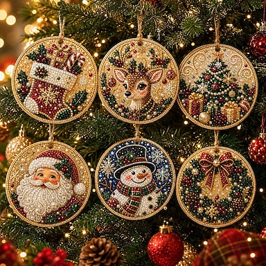 お買い得  クリスマス用木製オーナメント6個セット、DIYパールアートダイヤモンドペインティングキット、ラインストーンペンダント、麻ロープ付き、クリスマスツリーの装飾、クリスマスツリー吊り下げ飾り、子供と大人へのクラフトギフト