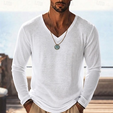 cheap Men's T Shirt Tee Top Long Sleeve V Neck Summer Spring Plain Fashion Designer Lightweight Classic Soft Vacation Street Going out White Black Sky Blue Top Tee for Men