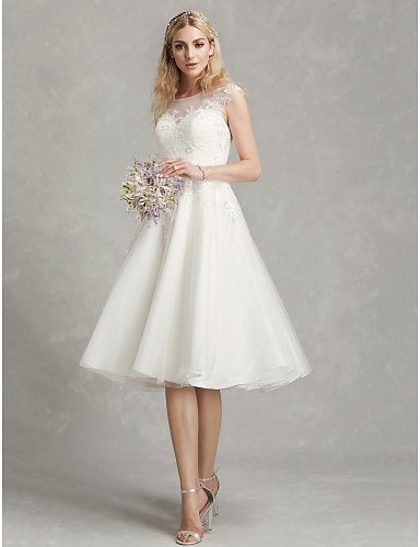 A-Line Wedding Dresses Jewel Neck Tea Length Lace Tulle Cap Sleeve ...