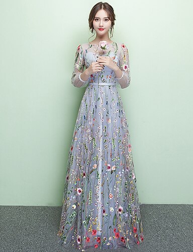A-Line Elegant Sparkle & Shine Formal Evening Dress Jewel Neck 3/4 ...