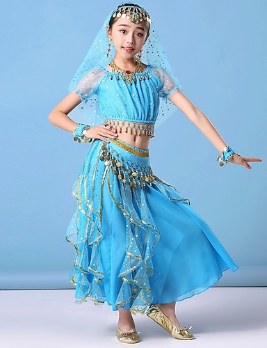 Short Sleeve Top and Sequins Skirt Kids Girls Belly Dance Costume 3 Colors 