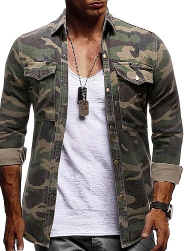 Domple Mens Camo Print Casual Stand Collar Button Down Sweatshirt Jacket 