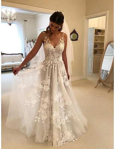 Womens Organza A-line Lace Straps Train Wedding Dress