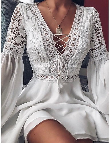 Women's Swing Dress Short Mini Dress White Black Long Sleeve Pure Color Hollow Out Mesh Patchwork Spring Summer V Neck Hot Sexy Slim 2022 S M L XL