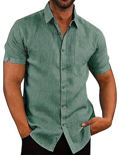 Blue Mens Summer Cotton Casual Dress Shirt Mens Solid Short Sleeve Shirts Tops