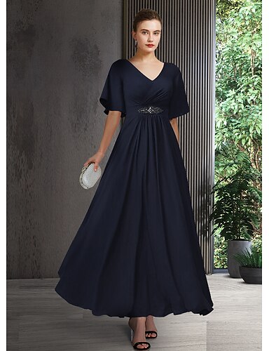 A-Line Mother of the Bride Dress Elegant V Neck Ankle Length Chiffon ...