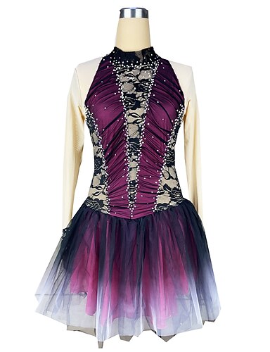 Figure Skating Dress for Women Girls Handmade Purple Ice Skating Competition Costume with Crystals Long Sleeve Roller Skate Dress,Purple-Child8 
