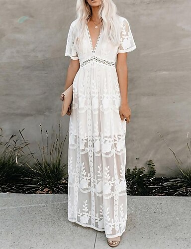 Women's Sheath Dress Maxi long Dress White Short Sleeve Solid Color Fall...