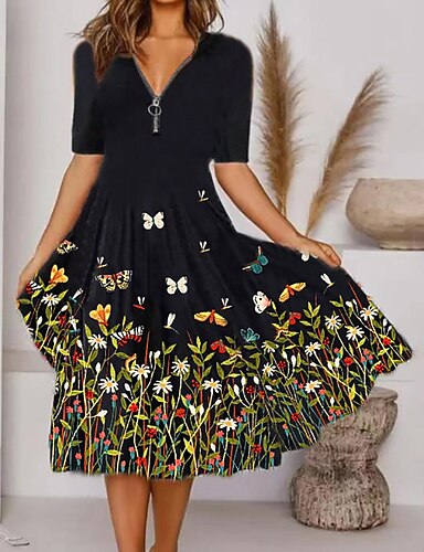 Per donna Abito linea A Abito al ginocchio Nero Mezza manica Floreale  Stampa Autunno A V Informale 2022 S M L XL XXL del 8785640 2022 a $25.59
