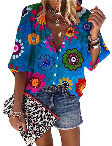 Women's Shirt Blouse Blue Graphic Floral Zipper Print Short Sleeve ...