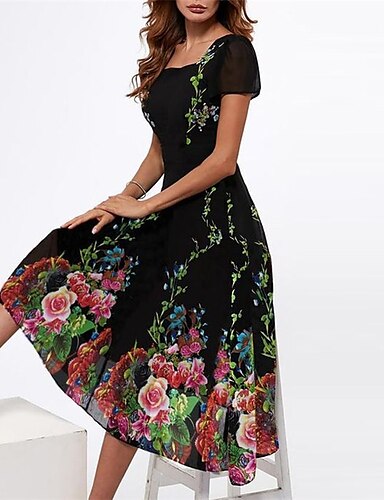Summer Women Vintage A-Line Dress Tunic Long Short Sleeve Floral Print Sundress