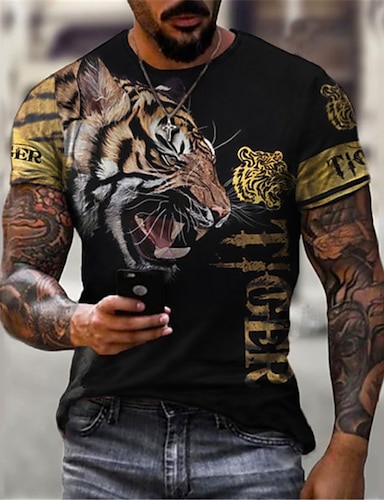 Men's T shirt Tee Shirt Tee Graphic Animal Tiger Crew Neck Green Khaki ...