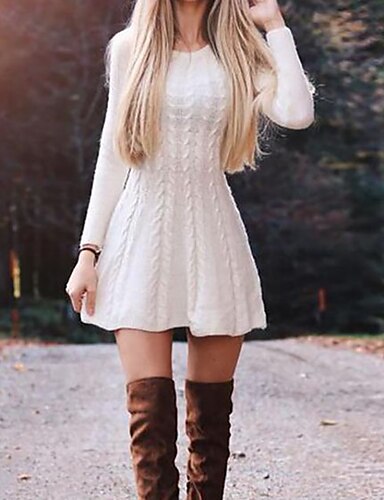 Women's Sweater Jumper Dress Short Mini Dress White Wine Long Sleeve ...
