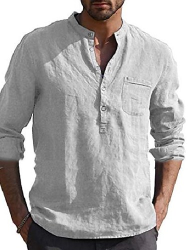 Domple Mens Linen Stand Collar Pure Color Short Sleeve Classic Shirts