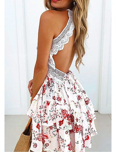 Women's A Line Dress Short Mini Dress White Sleeveless Floral Backless Ruched...