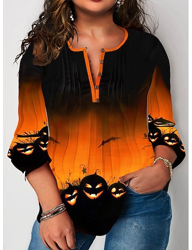 Plus Size Womens Halloween Print Shirts O-Neck Long Sleeve Daily Top Loose T-Shirt Blouse Tunics Pullover 