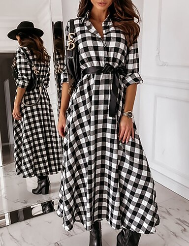 Per donna Abito chemisier Vestito maxi Griglia piccola Grande piazza Manica  lunga A quadri Lacci Autunno Inverno Colletto Informale Feste 2022 S M L XL  del 8822290 2022 a $12.79
