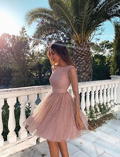 Women's A Line Dress Knee Length Dress Blushing Pink Long Sleeve Solid Color Backless Sequins Zipper Fall Spring Round Neck Sexy Party Holiday 2021 S M L XL XXL