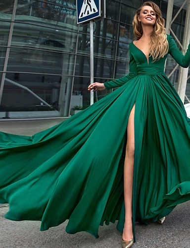 A-Line Empire Minimalist Holiday Formal Evening Dress V Neck Long Sleeve Floor Length Chiffon with Split Front 2021