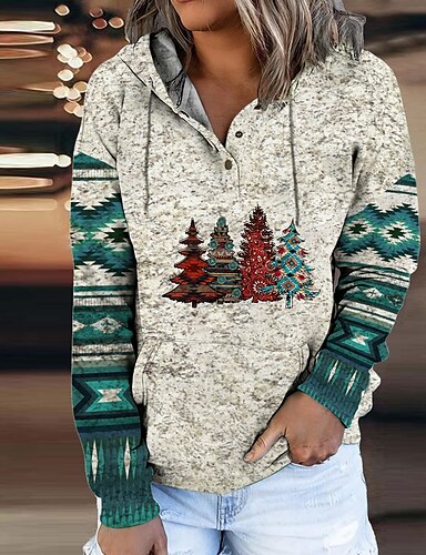 Women's Hoodie Sweatshirt Geometric Christmas Tree Front Pocket Print Christmas Christmas Gifts...