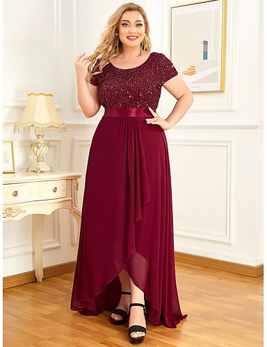 A-Line Plus Size Elegant Homecoming Formal Evening Dress Jewel Neck Short Sleeve...