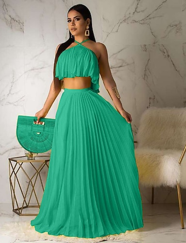 Mujer Ropa de calle Color sólido Casual Discoteca Playa Conjunto de dos  piezas Cuello halter Camisola Top corto Blusa Falda Vestidos Falda larga  Plisado Volante Tops 8951659 2022 – $35.09