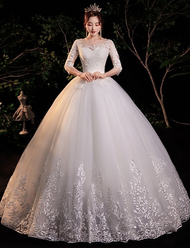 Princess Ball Gown Wedding Dresses Jewel Neck Floor Length Lace Tulle ...