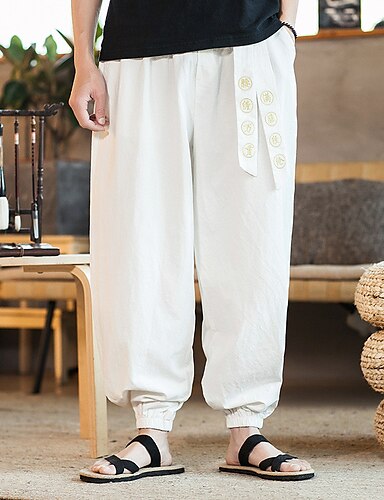 Mens Chinese Floral Cotton Linen Harem Trousers Loose Baggy Dance Bloomer Pants