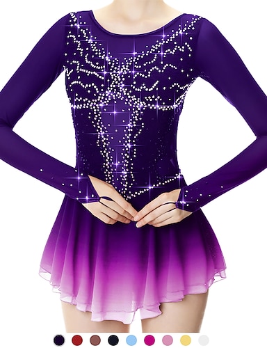 Purple Ice Figure Skating Dress Long Sleeves Crystals Gymnastics Dance XL 