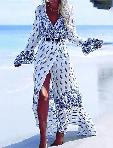 blue and white maxi dress with sleeves