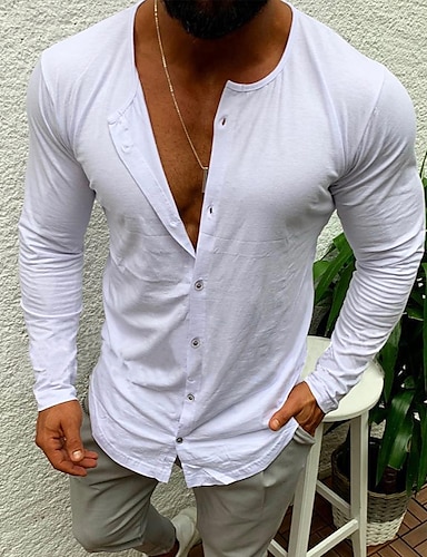 Men's T shirt Shirt Solid Color Collar Casual Daily Button-Down Long ...