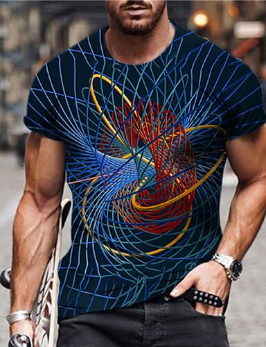 Mens 3D Geometric Print T-Shirt Casual Short Sleeve Round Neck Casual Tee Tops