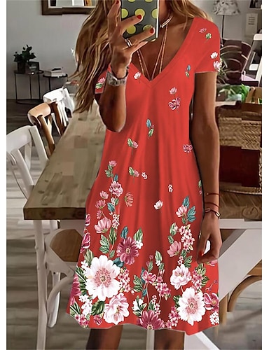 Womens Floral Print Midi Dresses Short Sleeve Bow Knot Bandage Suit Summer Casual Cover Ups Straps A-Line Mini Tshirt Dress Loose Swing Flowy Pleated Floral Sun Dress