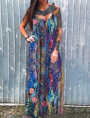 Vintage Boho Dress,Women Summer Sleeveless Loose 3D Floral Print Tank Dress Khaki