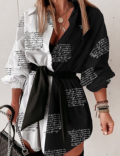 Mujer Vestido de Camisa Mini vestido corto Blanco Negro Manga Larga Bloque  de color Letra Acordonado Retazos Estampado Primavera Verano Cuello Camisero  Casual 2022 S M L XL XXL 9037644 2022 – $33.47