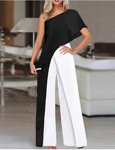 one shoulder striped colorblock jumpsuit