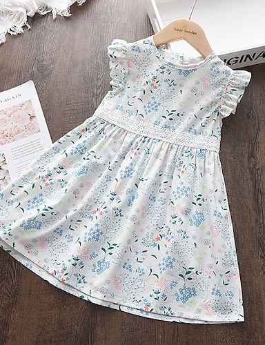 Summer Toddler Baby Kids Girls Ruffles Floral Print Denim Splice Tulle Dress US 