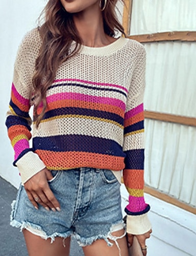 Pink Queen Womens Striped Color Block Hoodie Sweater Long Sleeve V Neck Casual Hollow Out Knit Pullover Tops