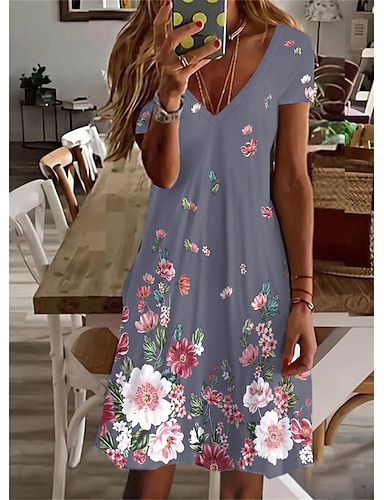Butterfly Summer Dress for Women Casual Short Sleeve Floral Print Dress V Neck Cold Shoulder Sundress Mini Dress 