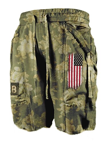 Mens Vintage American Flag Pattern Shorts Elastic Waist Pockets Lightweight Beach Shorts Boardshort