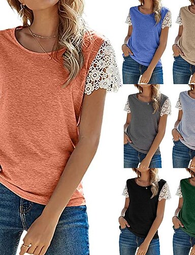 Women Fashion Casual Short Sleeve O-Neck Flower Lace Blouse Tops T-Shirt