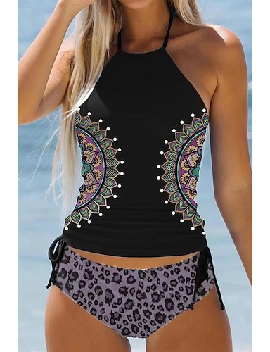 LIUMILAC Tankini Swimsuits for Women Striped Print T-Back 2 Pieces Bathing Suits 