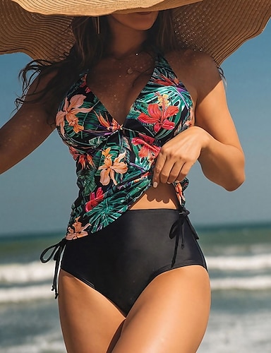 QUZUWE Women Bikini One Piece Swimsuit Conservative Retro Printed Summer Backless Swimwear Beachwear Tankini Sets 