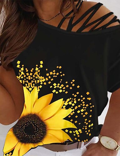 shaozheny Womens Plus Size T-Shirts Casual Girls Sunflower Printing Tees Short Sleeved Blouse Shirt Summer Comfy Tunic Tops 