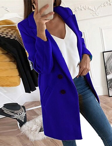6865 Womens Winter Lapel Jacket Coat Solid Thick Warm Buttoned Long Trench Coat Jacket Ladies Overcoat Outwear with Pocket 